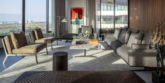 Simple Living Room เฟอร์นิเจอร์วิลล่า เบาะผ้า พื้นผิว สีวอลนัท กันรอยขีดข่วน